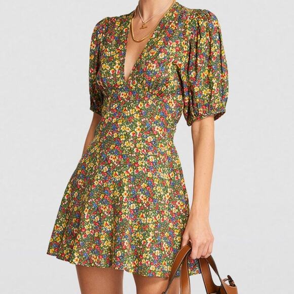 Doen Dresses & Skirts - Doen Emilia Cotton V Neck Tie Short Puff Sleeve Mini Dress Green Valley Floral